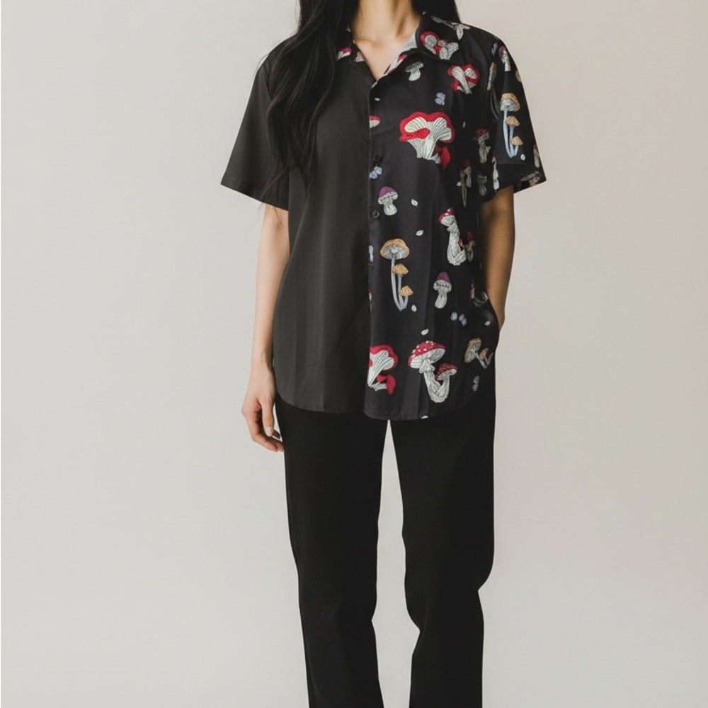 SHEIN Black Mushroom Print Button Down Shirt
